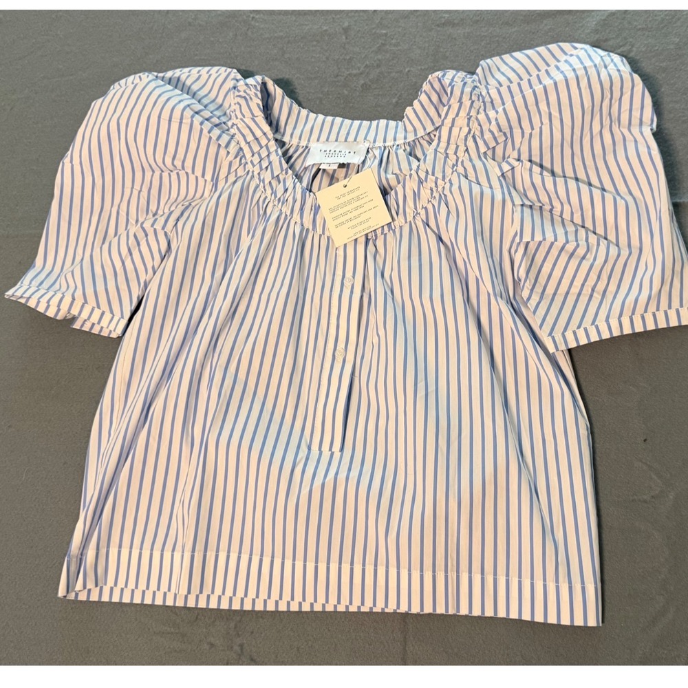 The Shirt Rochelle Behrens Blue White Striped Puff Sleeve Ruched Blouse SmallNWT